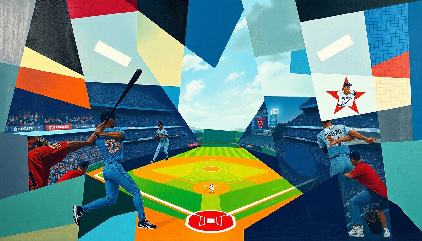 A fragmented, geometric painting in bold colors depicting the dynamic motion and energy of a baseball game, with players and the field of play broken down into abstract shapes and planes.