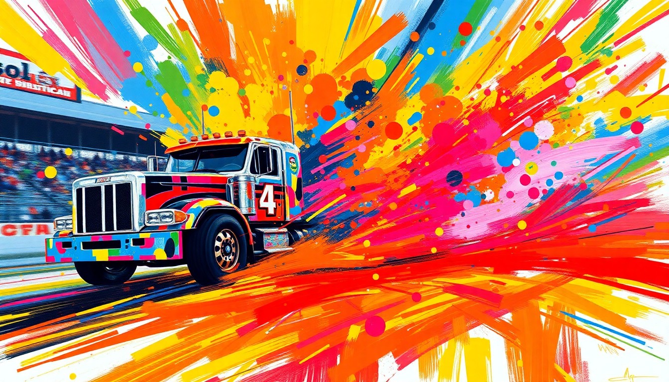 An extreme close-up of a NASCAR Trucks race at Bristol Motor Speedway, with the cars and drivers rendered in a vibrant, expressionist style using rapid brushstrokes and neon colors, capturing the raw energy and movement of the competition.