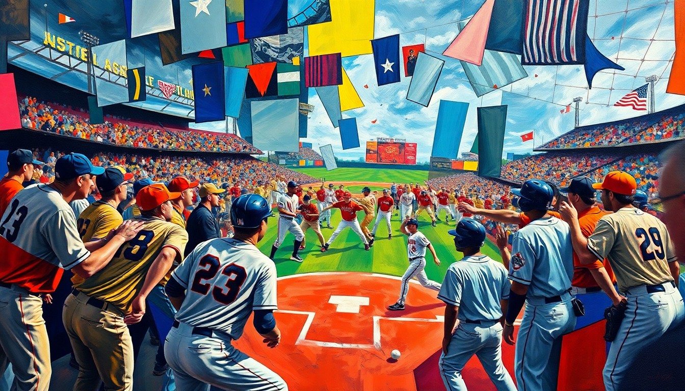A fractured, cubist-style painting depicting the heated confrontation between players and coaches from the Arizona State and Utah baseball teams, with sharp geometric shapes and planes of vibrant team colors creating a dynamic, chaotic visual representation of the on-field emotions.