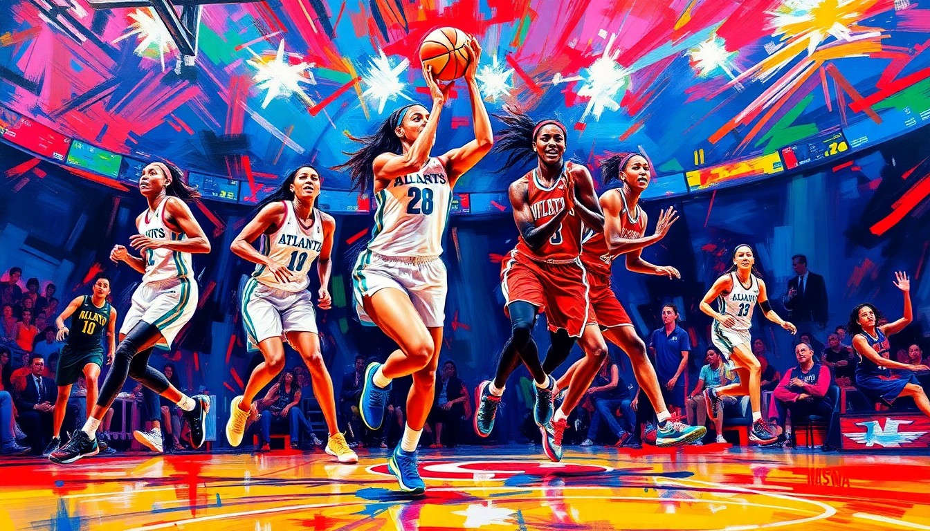 A dynamic, abstract painting in vibrant neon shades of red, white, and blue, capturing the explosive energy and fluid movements of WNBA players on the court, representing the excitement surrounding the Atlanta Dream's 2026 season.