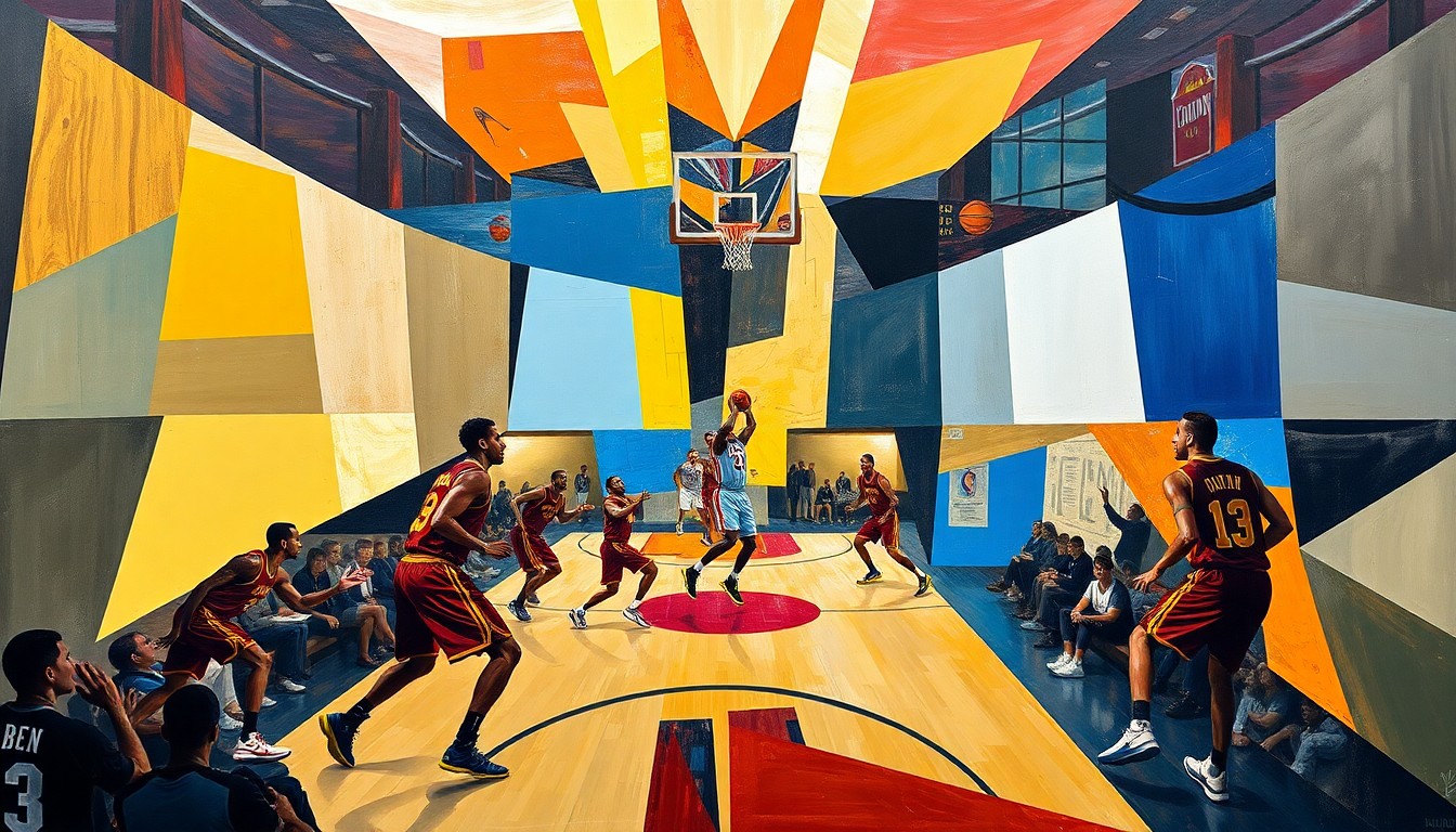 A cubist, geometric painting depicting a Cavaliers basketball game, with the players' figures broken down into abstract shapes and forms, capturing the energy and movement of the game.