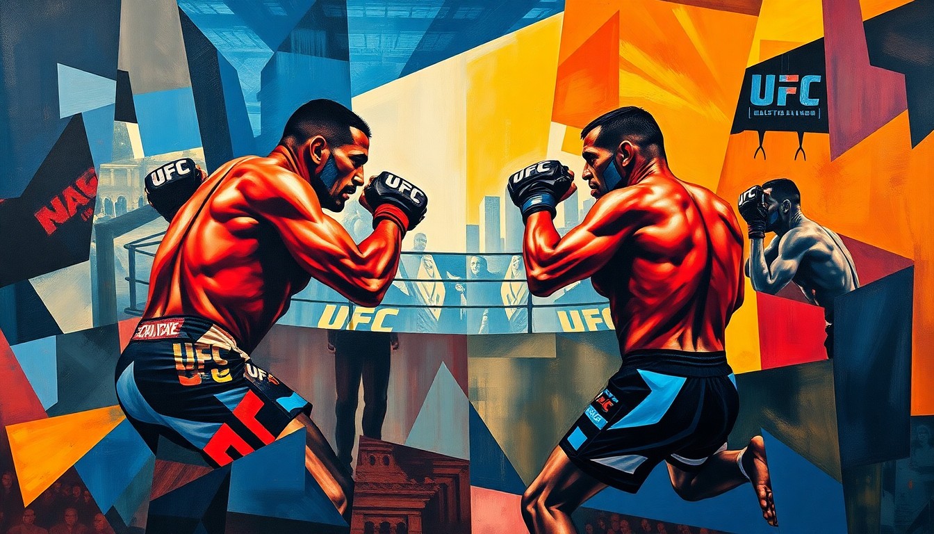 A fragmented, cubist-style painting depicting the chaotic energy of a UFC fight, with the octagon and fighters' bodies broken down into abstract geometric shapes and planes of vibrant colors.