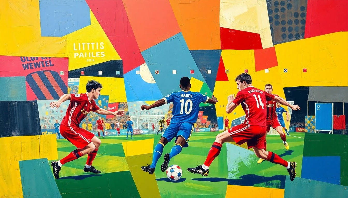 A cubist, geometric painting depicting a football match or players' actions, with sharp, overlapping planes of color and form, capturing the dynamic energy of the sport.