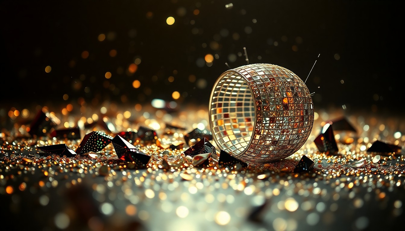 An abstract close-up image featuring a dramatic, high-contrast composition of glittering sequins and shattered disco glass, evoking the glamour and energy of a Bollywood blockbuster.