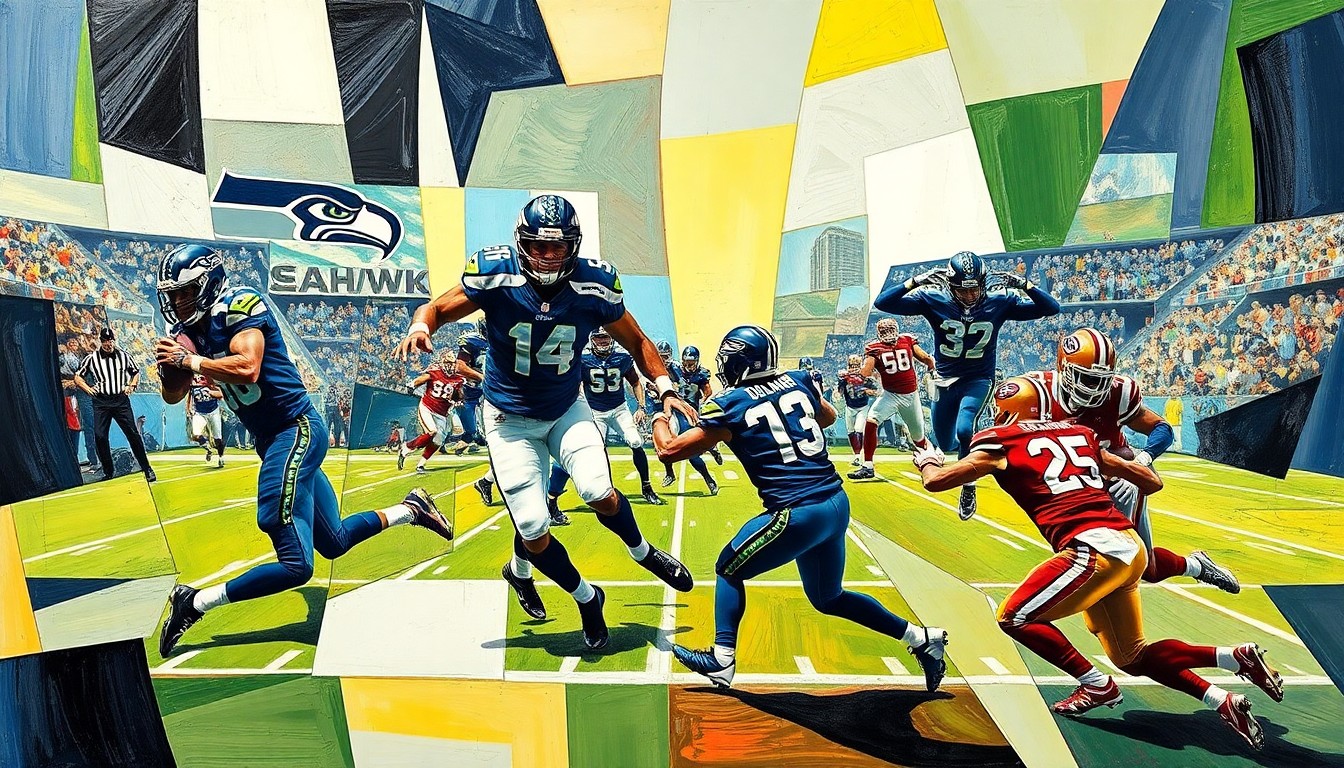 A cubist-style painting depicting a football game between the Seattle Seahawks and San Francisco 49ers, with the players' movements and the energy of the game captured through sharp, overlapping geometric planes in a vibrant color palette.