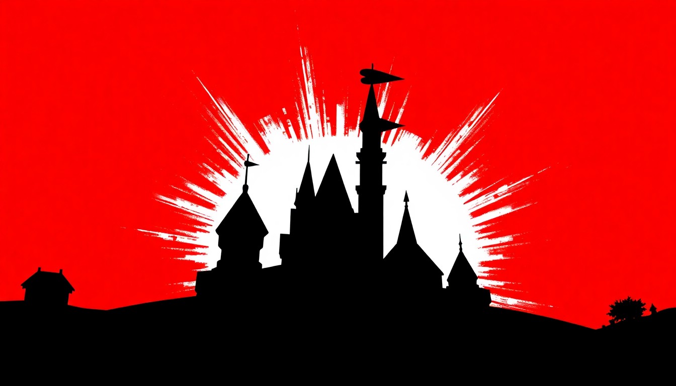A striking, minimalist illustration featuring bold, angular shapes in black and red, capturing the dynamic spirit of Disney's park updates without any literal depictions.