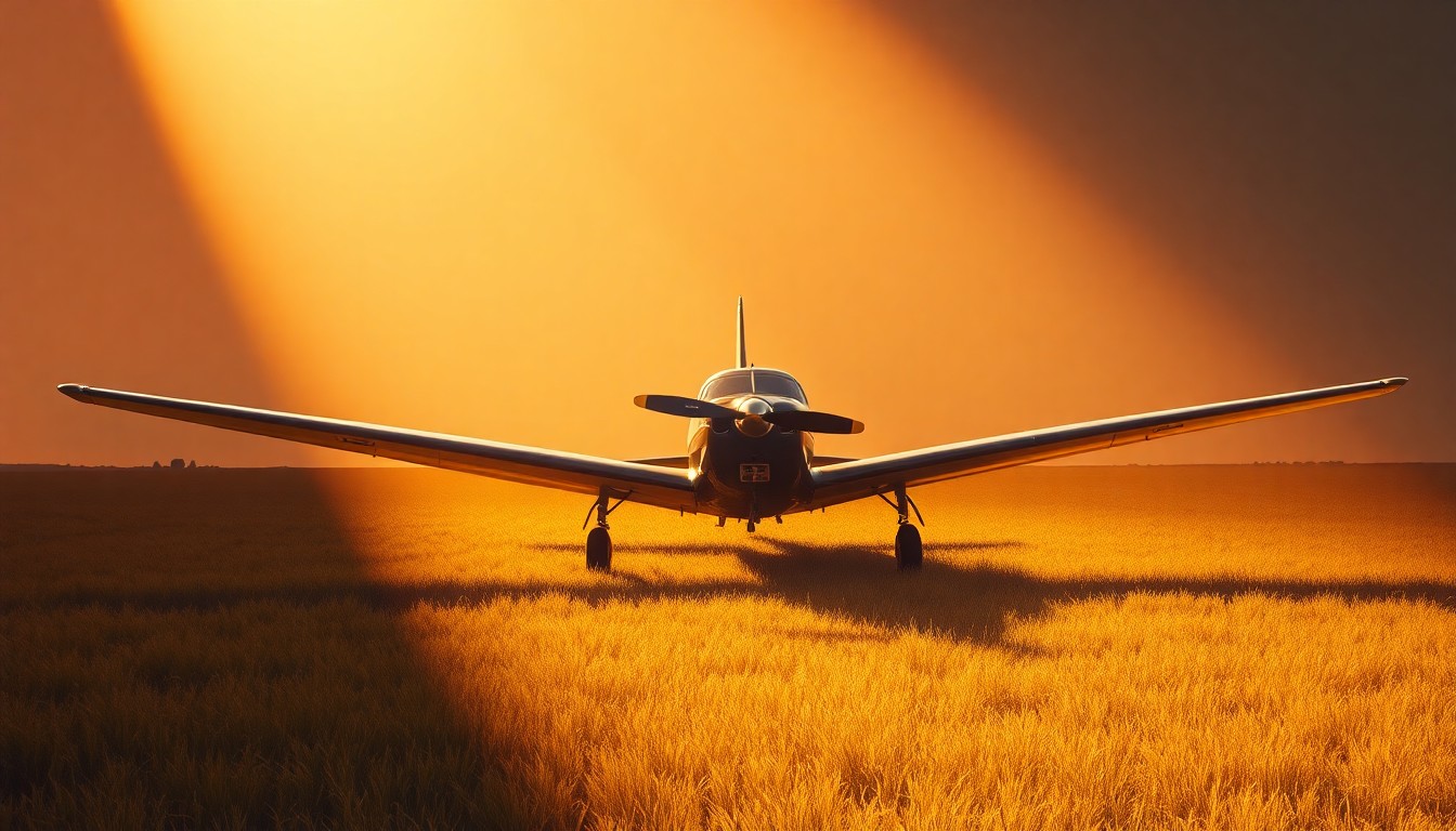 A photorealistic painting of a small propeller plane resting in a grassy field, with warm sunlight casting long shadows across the scene. The image has a nostalgic, cinematic quality reminiscent of the work of Edward Hopper, conveying a sense of solitude and contemplation.
