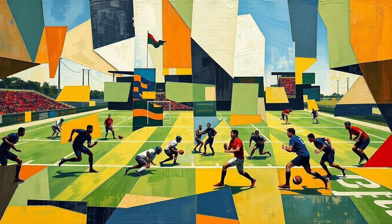 A fractured, multi-perspective painting in vibrant colors, breaking down a flag football game into sharp, overlapping geometric planes that convey the sport's dynamic energy and strategic depth.