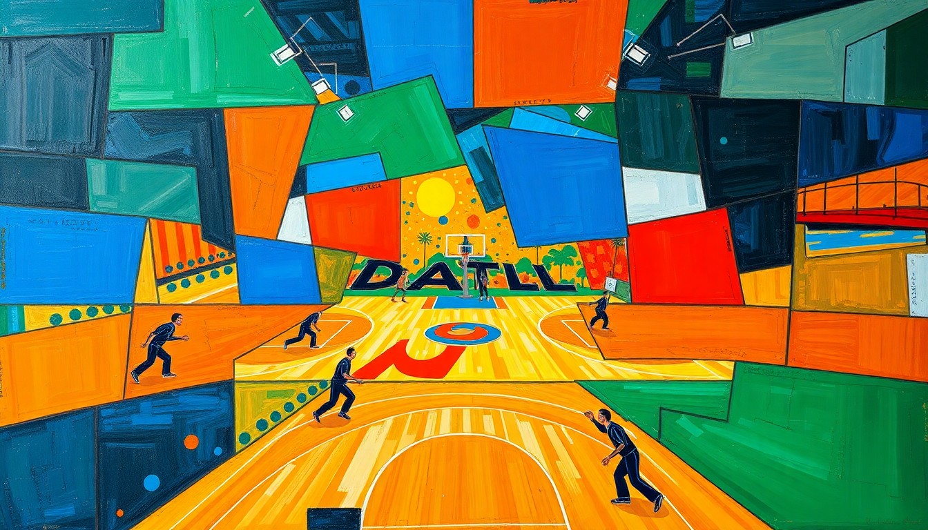 A cubist, geometric painting depicting a basketball game or match, with sharp, overlapping planes of color and form capturing the dynamic energy and unpredictability of the playoffs.