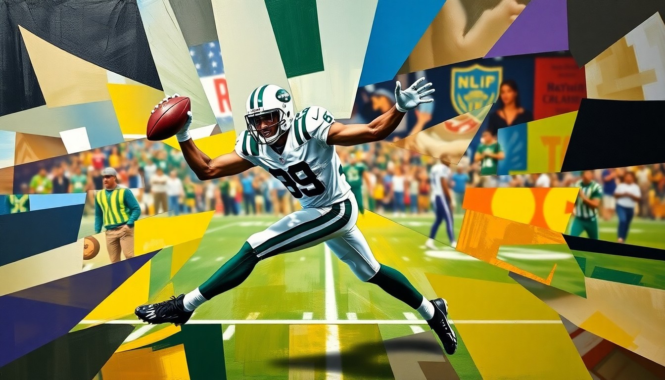 A cubist, geometric painting depicting a New York Jets cornerback making an interception, the player's form broken down into sharp, overlapping planes of color and shape.
