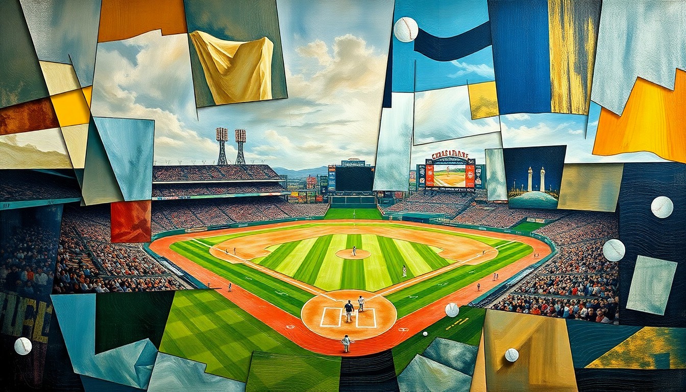 A fragmented, geometric painting depicting a baseball game or match, with sharp, overlapping planes of color and form representing the multifaceted nature of the Triston Casas trade discussions.