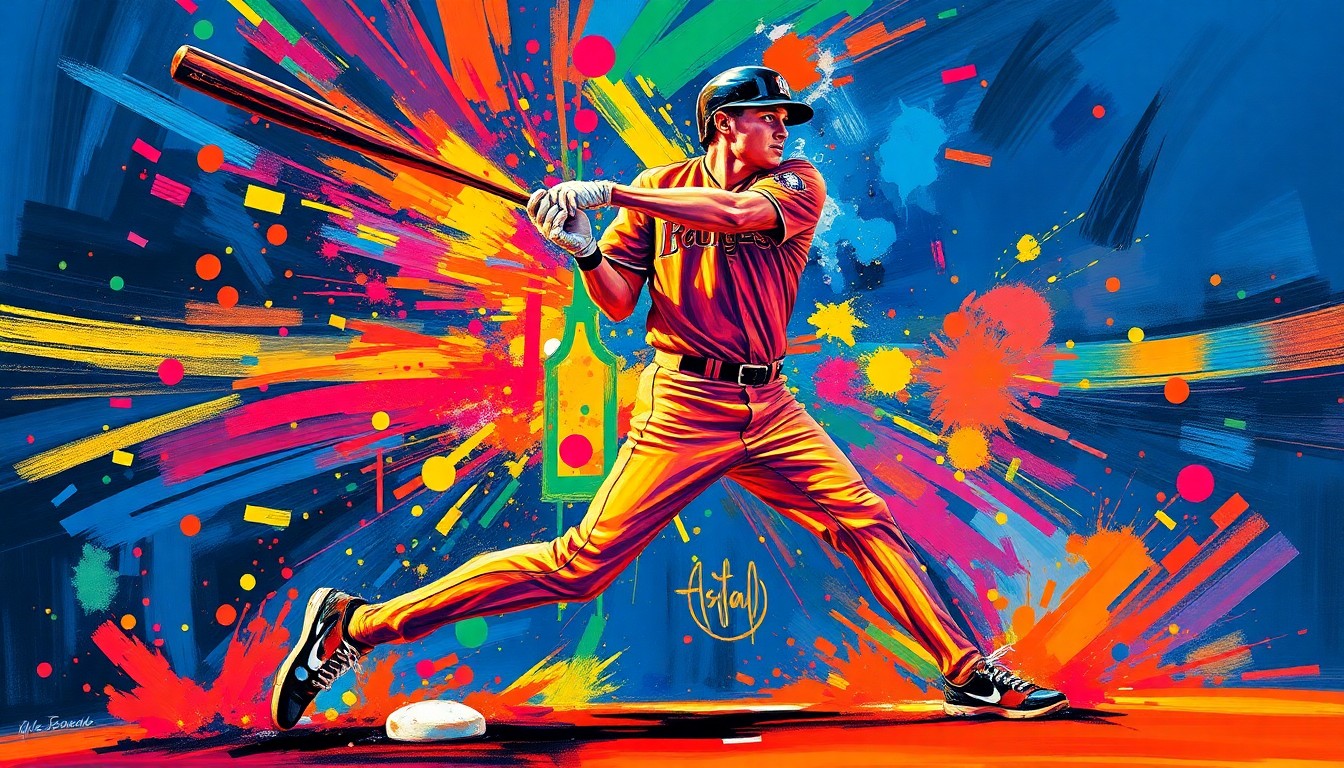An abstract, expressionist painting in neon colors depicting the powerful motion and energy of a baseball player hitting a home run, with the player's figure dissolved into unrecognizable brushstrokes.