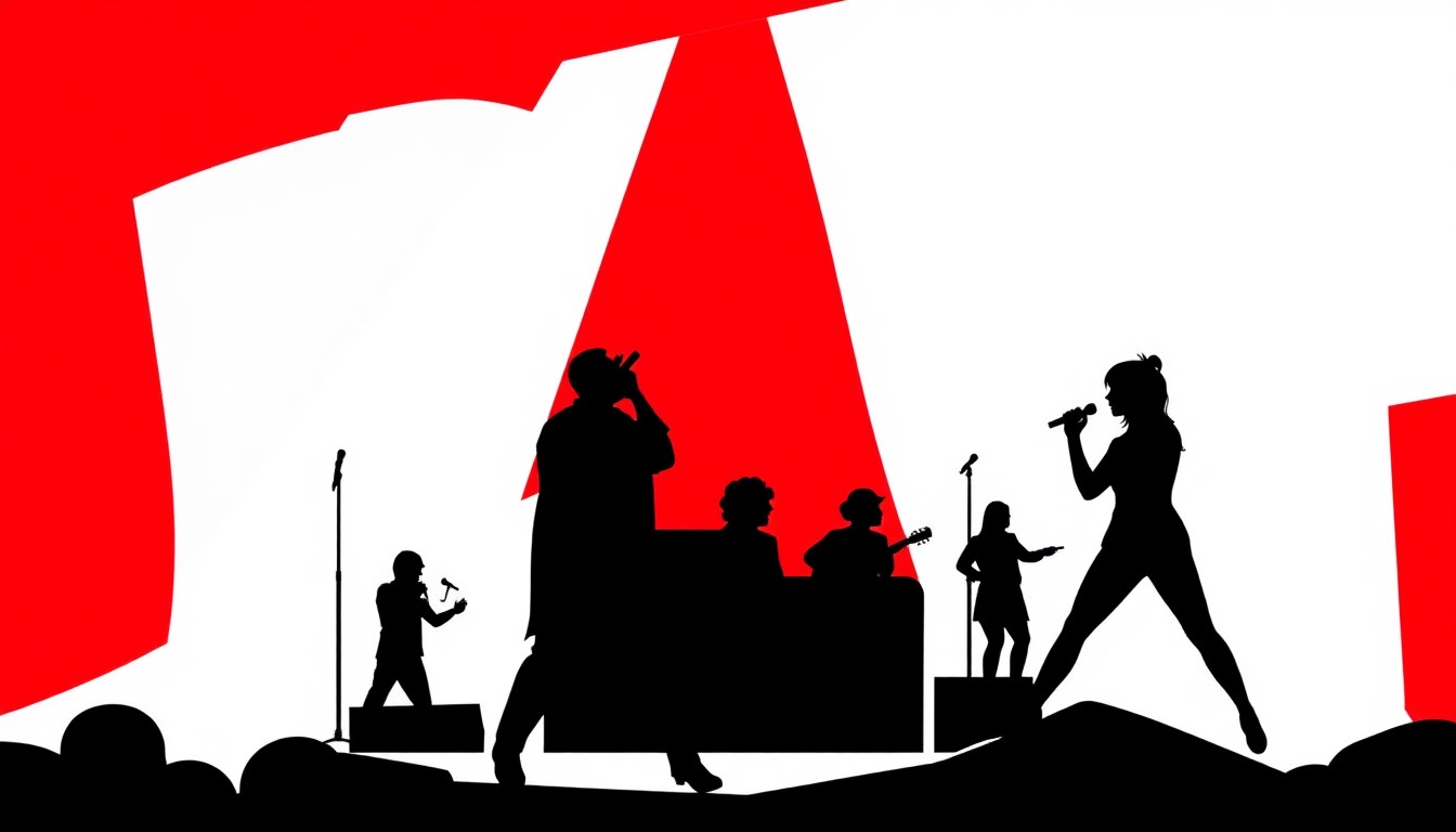 A bold, abstract illustration featuring stark geometric shapes and silhouettes in high-contrast colors, conceptually representing the fusion of pop music and theater.