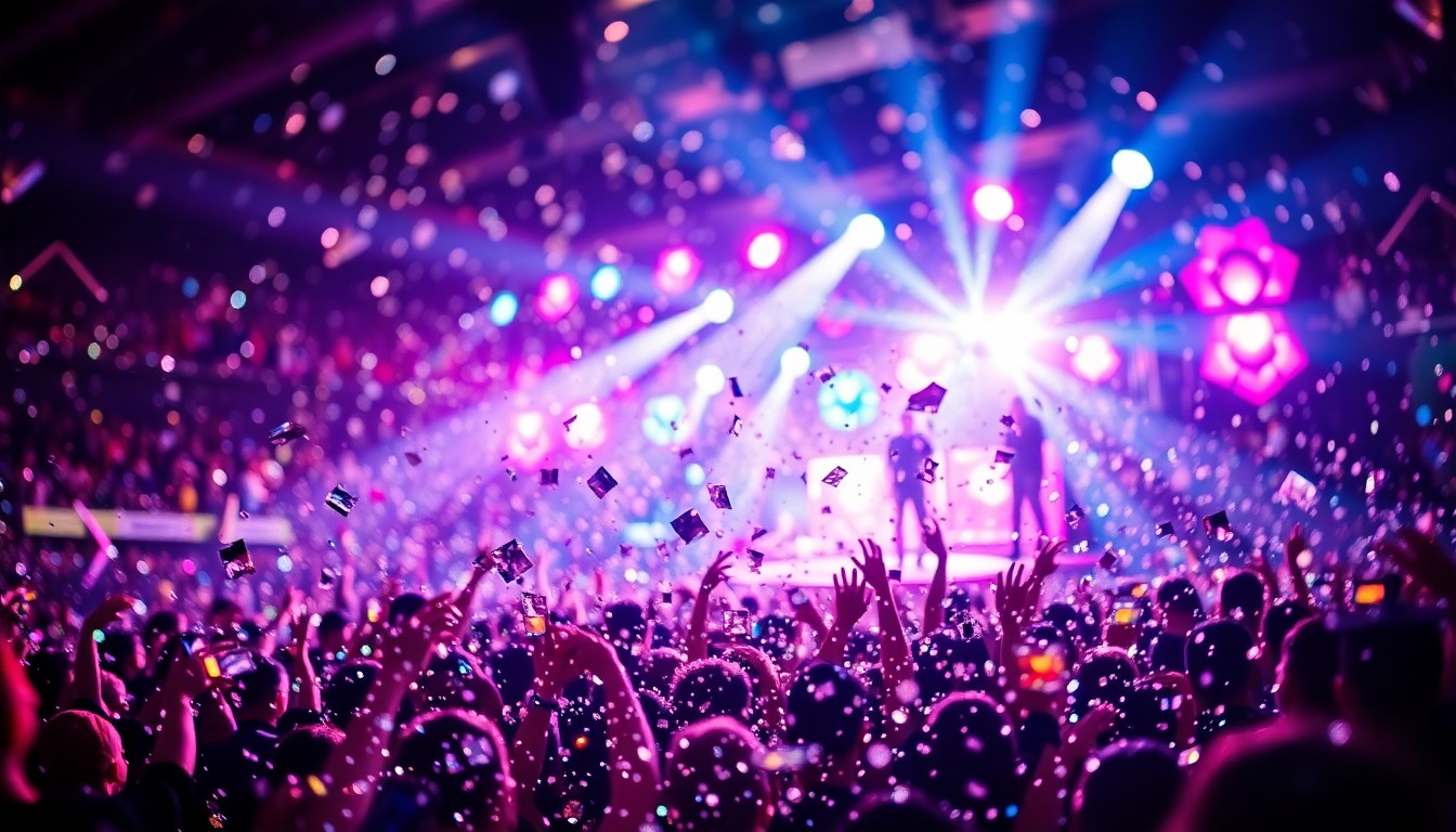 An abstract close-up image of shattered disco ball fragments reflecting colorful stage lights, conveying the energy and excitement of a major music festival.