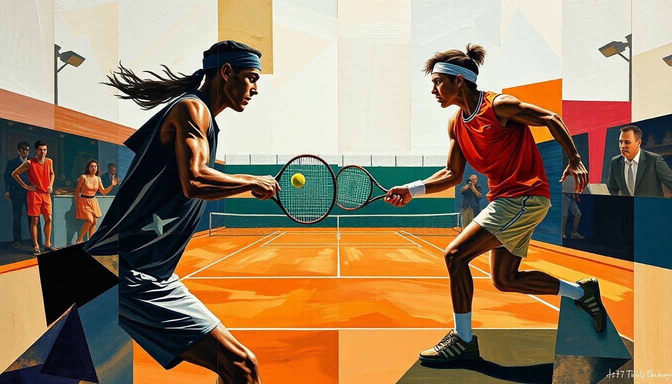 A fragmented, geometric painting depicting the intense action of a tennis match on clay, with the players' forms broken down into abstract shapes and planes of color.