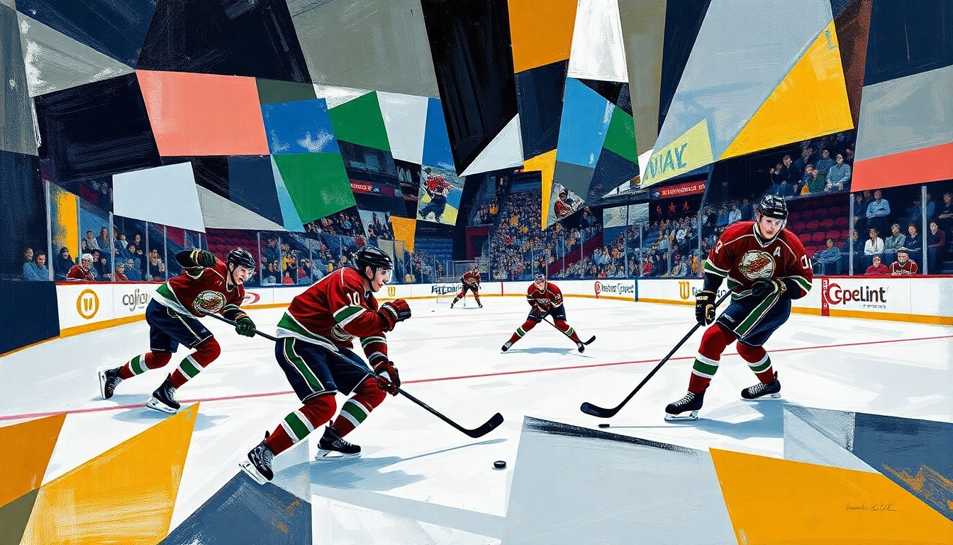 A fractured, multi-perspective painting in vibrant colors, breaking down a college hockey game into sharp, overlapping geometric planes, representing the dynamic energy and intensity of the UND-Minnesota Duluth rivalry.
