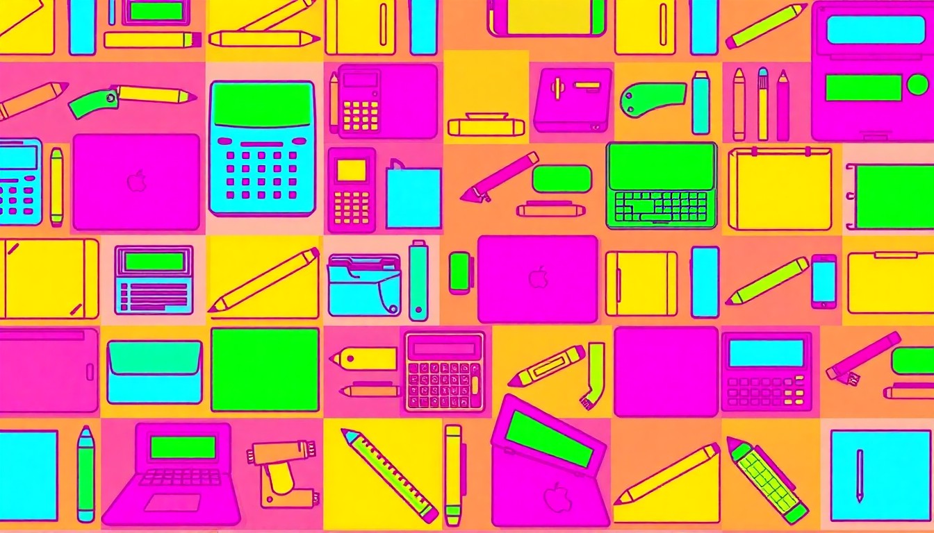 A vibrant, high-contrast silkscreen print featuring a grid of brightly colored school supply icons, conceptually representing the technological focus of Houston ISD's Future 2 schools.