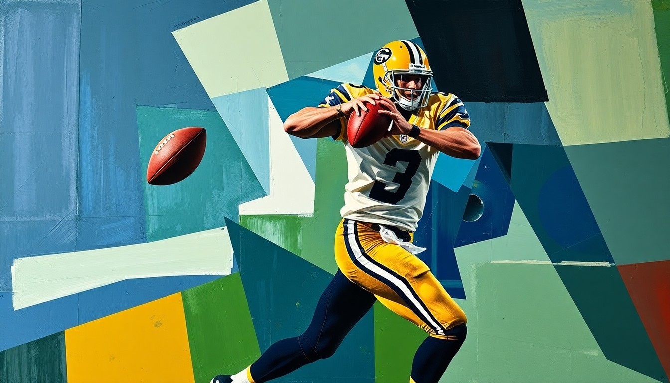 A fragmented, geometric painting depicting the dynamic movement and energy of an NFL quarterback, with sharp, overlapping planes of color representing the multifaceted challenges and opportunities these players face in reviving their careers.