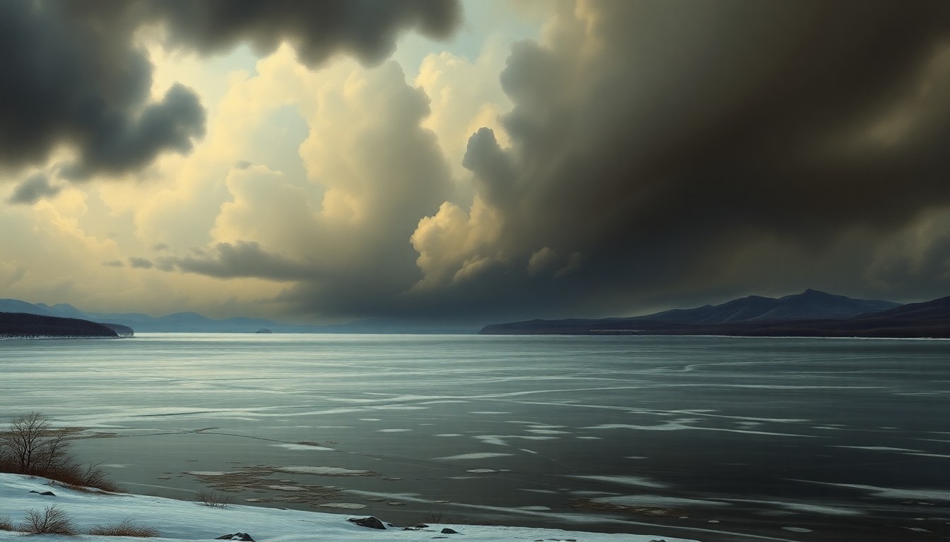 A sweeping, atmospheric landscape painting in muted tones of gray, blue, and white, depicting a vast, frozen reservoir under a heavy, overcast sky. The low water levels and barren surroundings convey a sense of melancholy and the overwhelming power of nature.