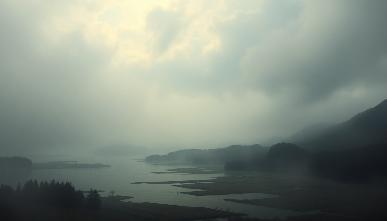 A vast, atmospheric landscape painting in muted tones of grey, blue, and green, depicting a flooded valley shrouded in heavy fog, with the distant outline of a mountain range barely visible through the haze. The scene conveys a sense of the overwhelming, sublime scale of the natural world and the power of extreme weather, with any physical structures or human elements obscured by the expansive, atmospheric conditions.