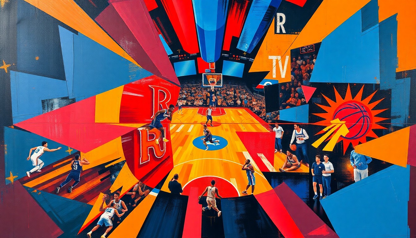 A cubist, geometric painting depicting a basketball game between the Houston Rockets and Phoenix Suns, with overlapping shapes and planes of vibrant red, orange, and blue colors capturing the intensity of the matchup.