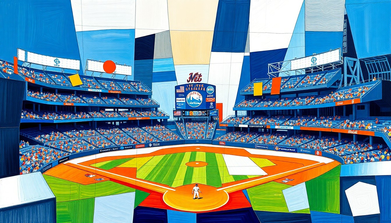 A cubist, geometric painting depicting a baseball game or match, with sharp, overlapping planes of blue, orange, and white, capturing the dynamic energy and movement of the sport.