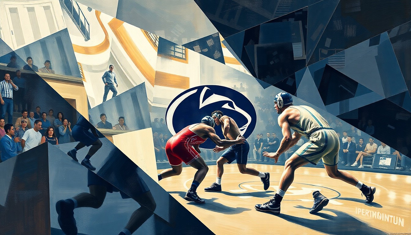 A fractured, multi-perspective painting in a cubist style, breaking down the movements and energy of a Penn State wrestling match into sharp, overlapping geometric planes and forms.