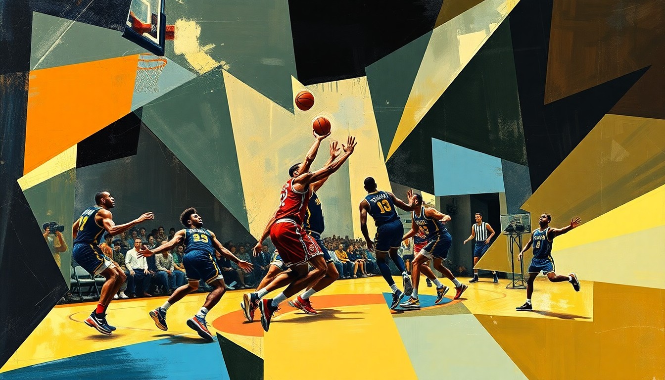 A cubist, geometric painting depicting a basketball game or match, with the players' forms broken down into abstract shapes and planes, capturing the dynamic motion and energy of the sport.
