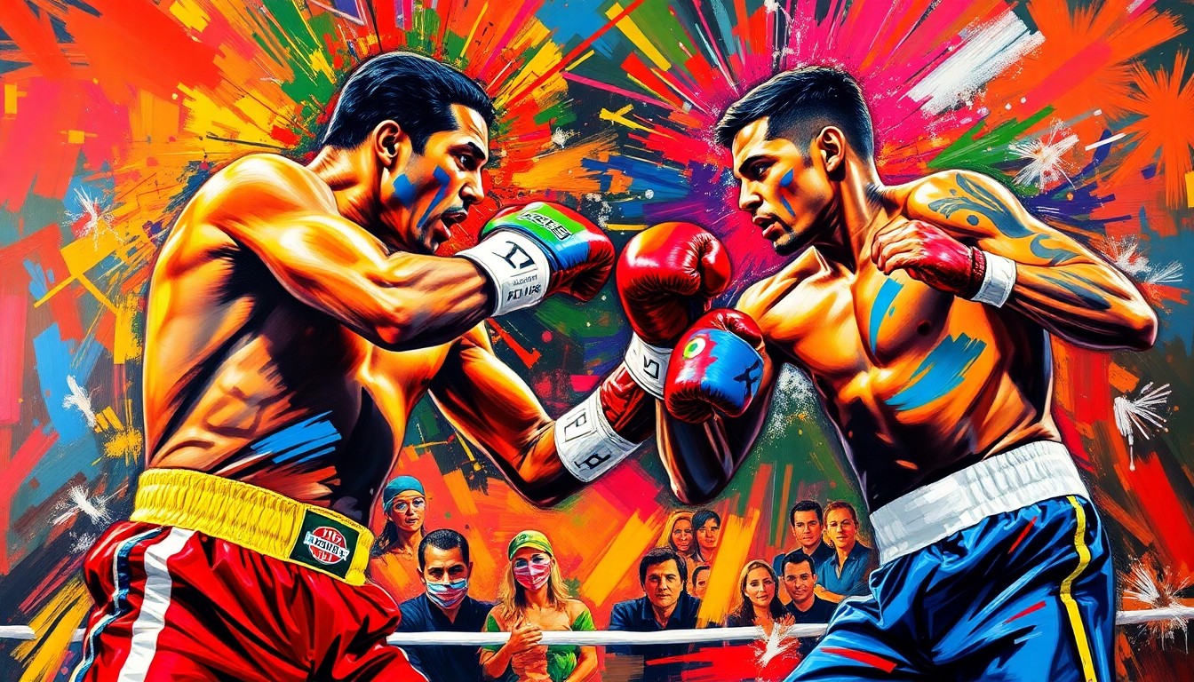 An abstract, expressionist painting in neon colors depicting the intense energy and movement of a boxing match, with no identifiable figures or text.