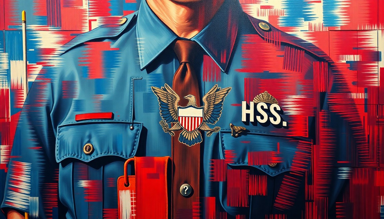 A fractured, abstract painting of a DHS agent's uniform and badge, the pieces repeating and overlapping in a blur of red, white, and blue colors, conveying the chaotic energy of the government shutdown.