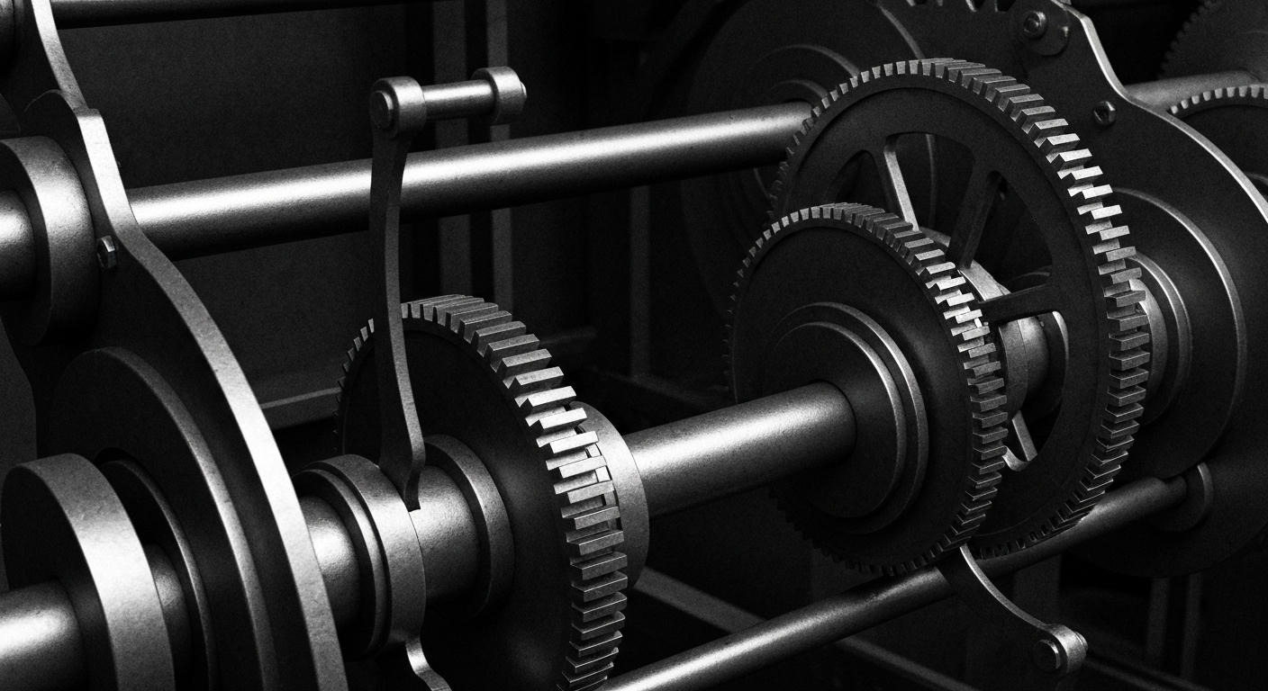 An extreme close-up of the heavy, mechanical components that make up the inner workings of a modern banking institution, conveying a sense of the tangible, industrial power that drives financial markets.