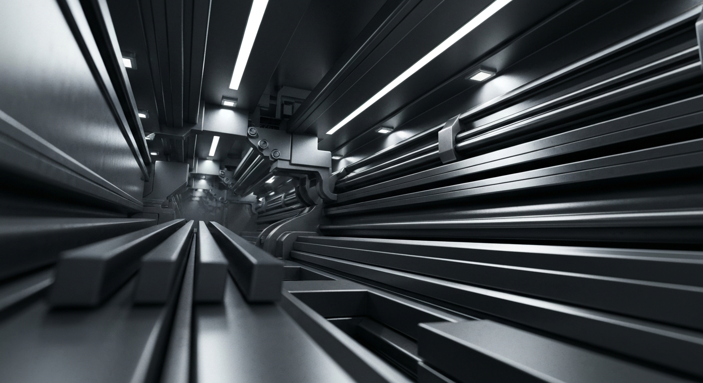 An extreme close-up of gears, valves, and other heavy industrial components that make up the complex machinery used in semiconductor manufacturing, conveying the scale and importance of Lam Research's technology.