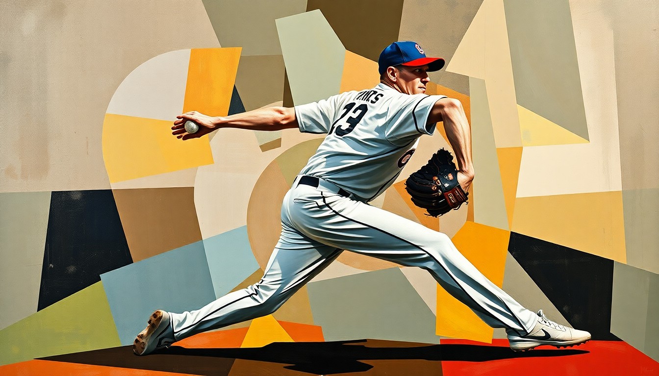 A cubist-style painting featuring sharp, overlapping geometric shapes in shades of blue, green, and orange, representing the fragmented motion and emotional tension of a baseball pitcher's absence from a playoff run.