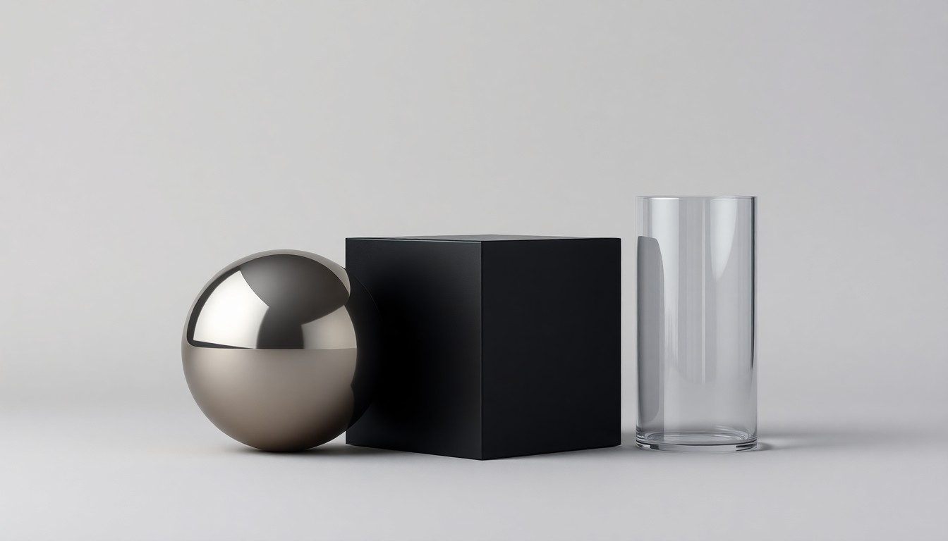 A high-end, photorealistic studio still-life photograph featuring a polished metal sphere, a sleek black cube, and a smooth glass cylinder arranged elegantly on a clean, monochromatic background, conceptually representing the abstract themes of corporate strategy, finance, and technology.
