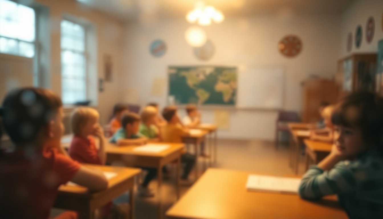 An abstract, impressionistic scene of a Sunday school classroom, with blurred shapes and muted colors suggesting the warm, welcoming atmosphere of a place of spiritual community and education.