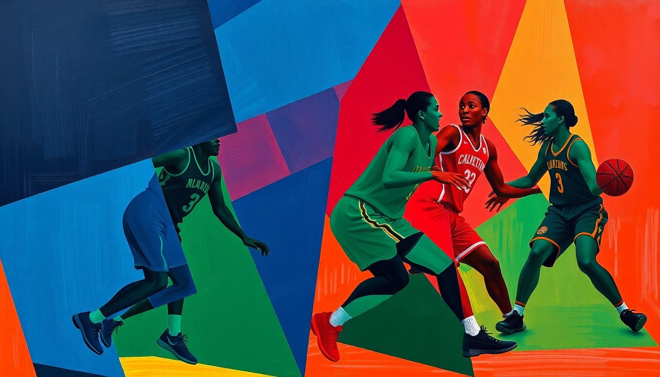 A cubist, geometric painting depicting fragmented, overlapping forms of WNBA basketball players in motion, rendered in a bold color palette, conceptually representing the upheaval in the Atlanta Dream's roster.
