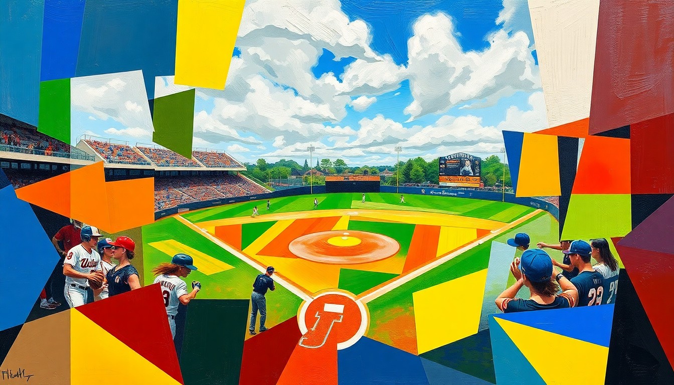 A cubist-style painting featuring overlapping geometric shapes and planes in the team colors of UL and James Madison, conveying the dynamic action and competition of the softball game.