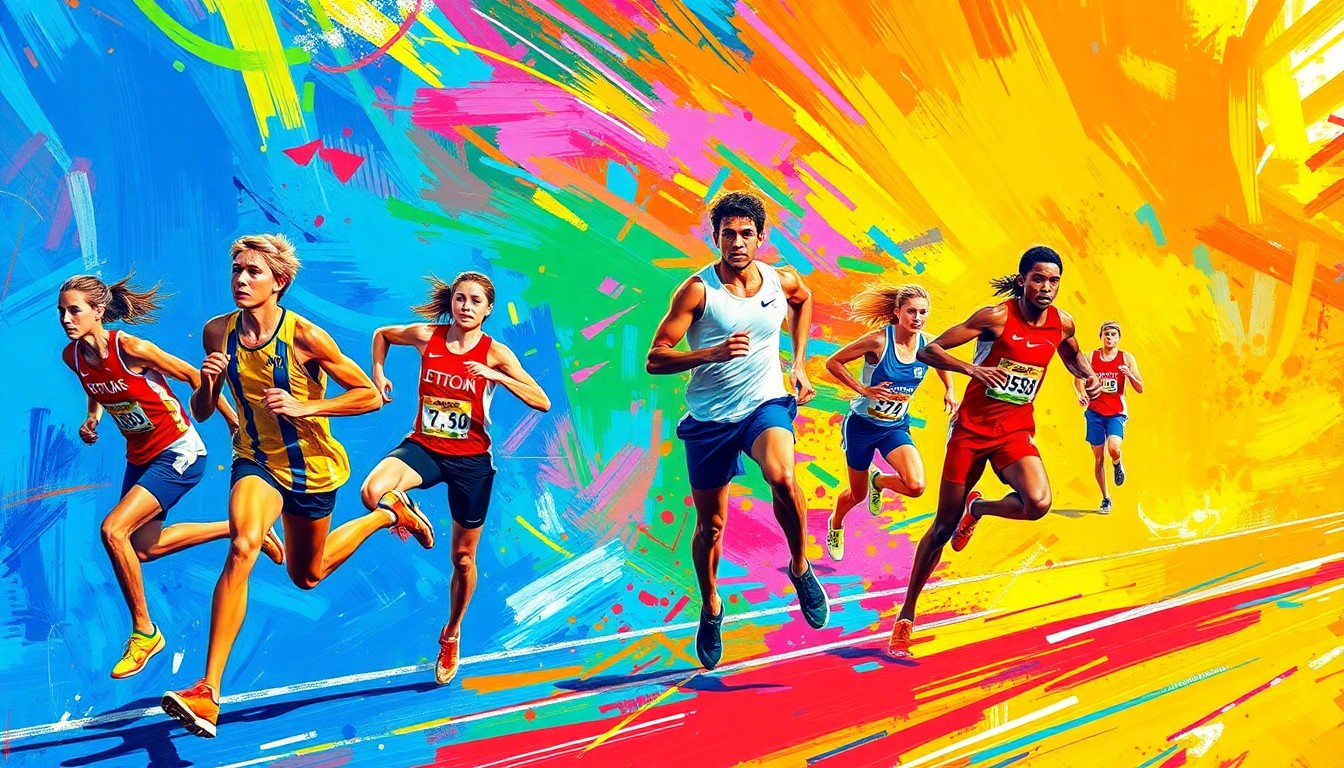 An abstract, energetic painting in vibrant neon colors, capturing the dynamic movements and raw athleticism of high school track and field competitors.