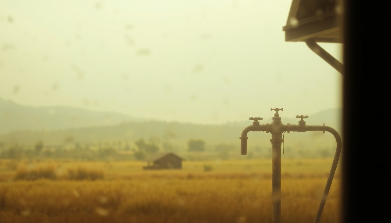 An abstract, impressionistic photograph in soft, warm tones depicting a blurred, out-of-focus rural landscape with a partially visible well pump or other plumbing equipment, conveying the idea of the hidden infrastructure that sustains country living.