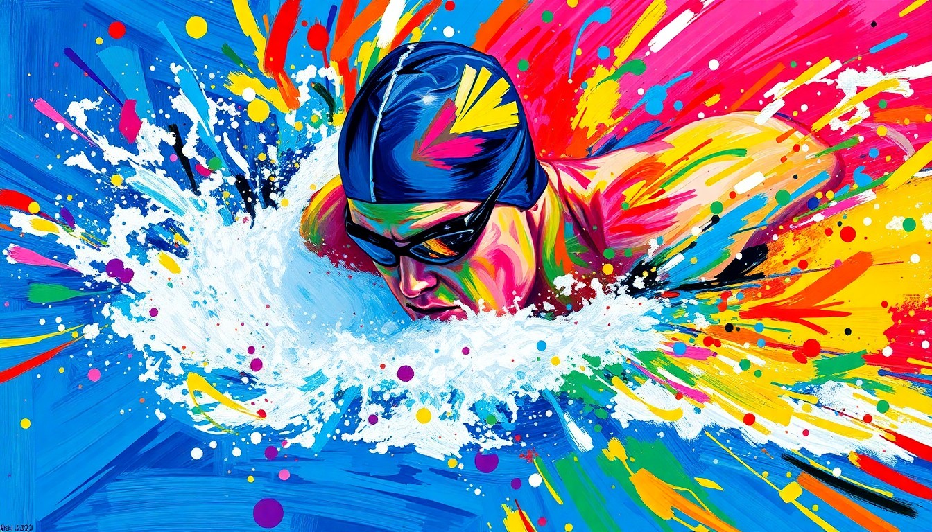 An extreme close-up of a swimmer's body in motion, with vibrant neon brushstrokes and splatters of color capturing the raw energy and athleticism of the event.