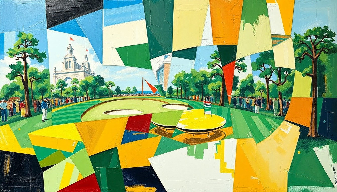 A cubist, geometric painting depicting the 2026 Masters golf tournament, with overlapping planes and shapes representing the complex interplay of power, precision, and strategy on display at Augusta National.