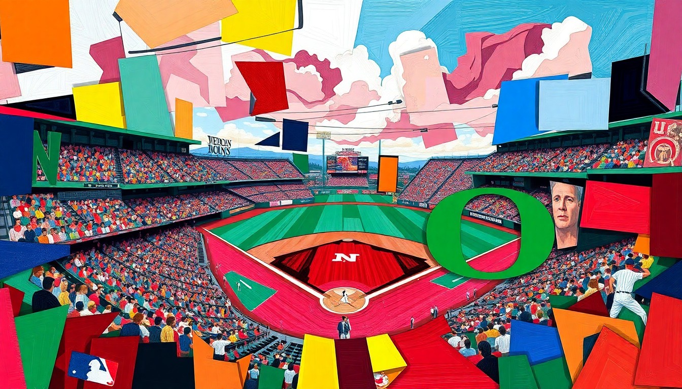 A cubist-style painting featuring sharp, overlapping geometric shapes in the official team colors of Nebraska and Oregon, representing the dynamic action and momentum shifts of the baseball game.