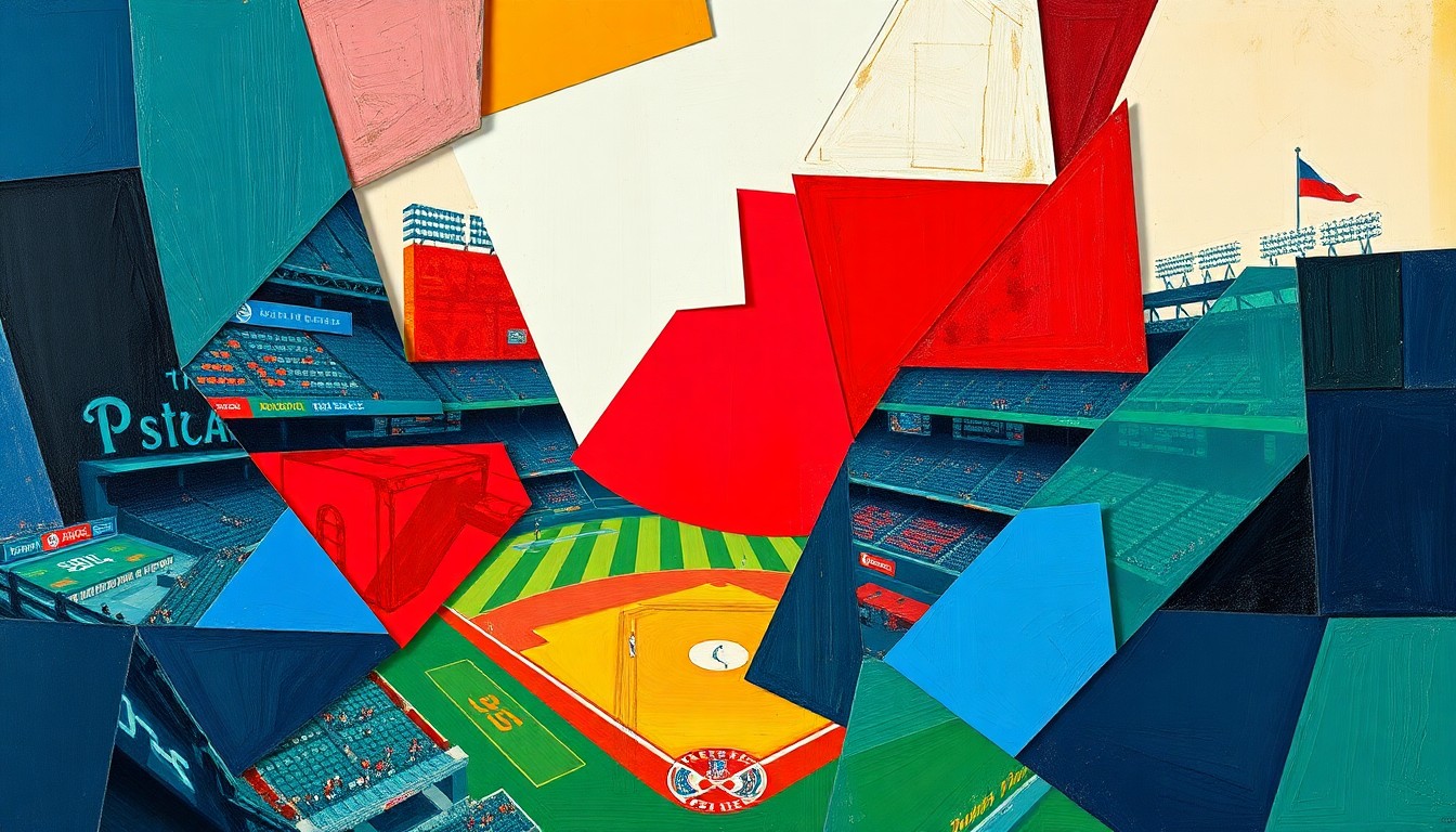 A cubist, geometric painting depicting a baseball game or match, with sharp, overlapping planes of navy blue, forest green, and crimson red, capturing the dynamic energy of the sport.