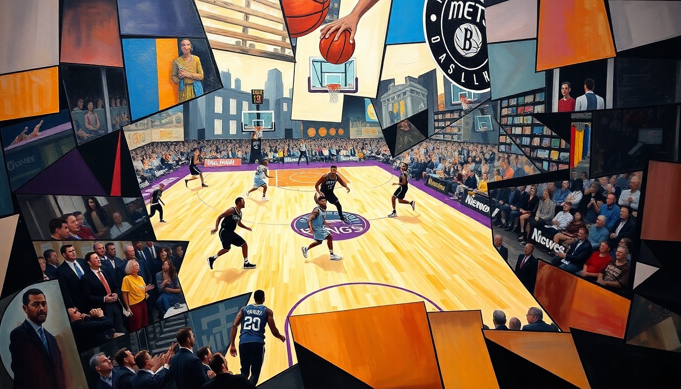 A fractured, geometric painting depicting a basketball game, with sharp, overlapping planes of color and form representing the players and the action on the court.