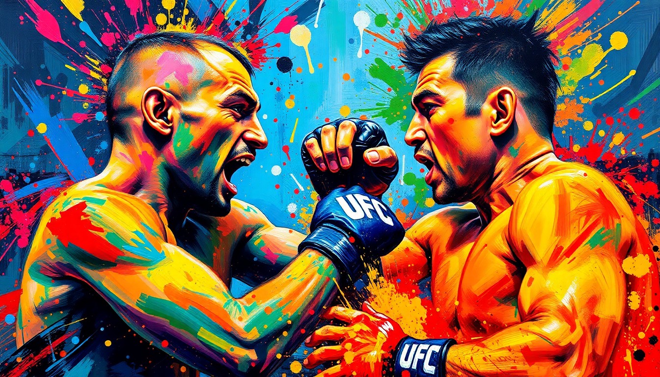 An abstract, expressionist painting featuring bold, neon-colored brushstrokes and splatters that capture the raw energy and intensity of a UFC fight, with the fighters' forms dissolving into unrecognizable shapes.