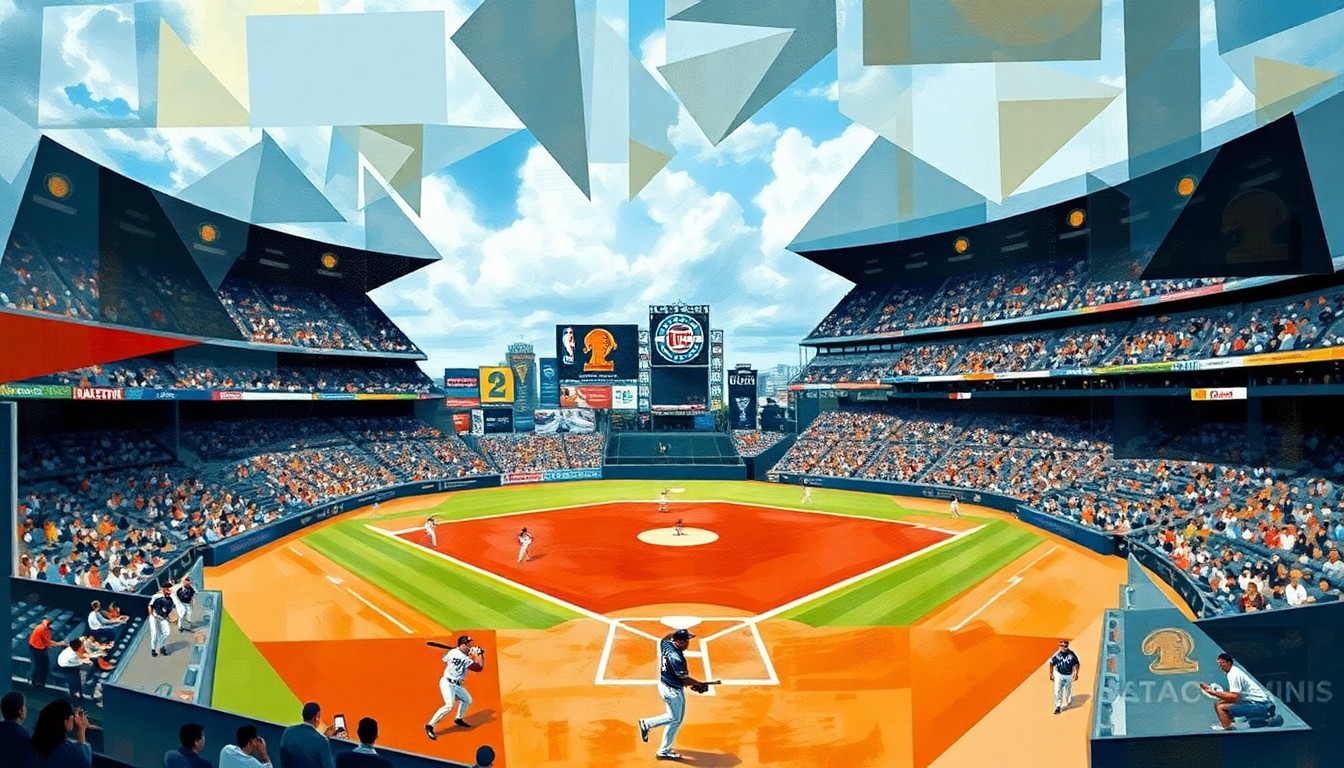 A cubist, geometric painting depicting a baseball game or match, with players and the field represented as abstract shapes and forms in a dynamic, overlapping composition that captures the energy and motion of the sport.