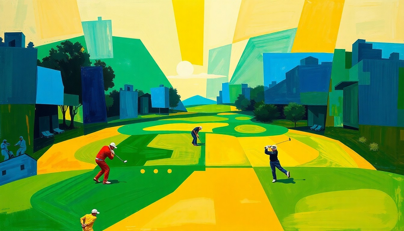 A fragmented, geometric painting in bold colors depicting the dynamic energy of a golf match, with overlapping shapes and planes representing the multifaceted nature of the competition.