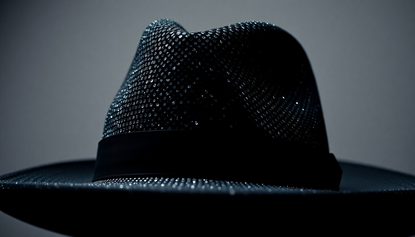 An extreme close-up of a black fedora hat, its luxurious texture and dramatic lighting evoking the glamour and scrutiny of reality TV stardom.