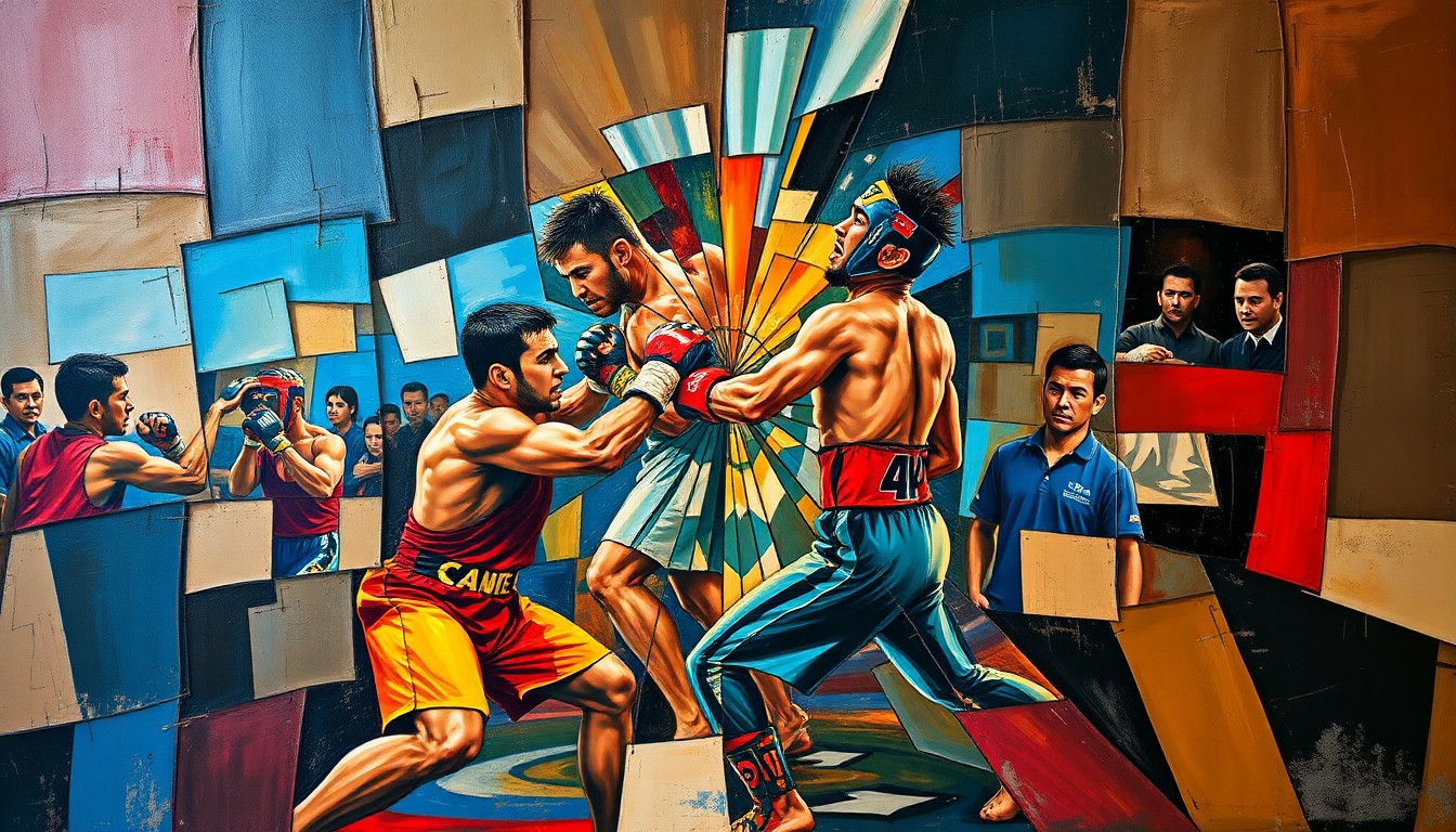 A fragmented, abstract painting depicting the chaotic energy of a mixed martial arts fight, with overlapping geometric shapes and planes in a vibrant color palette.