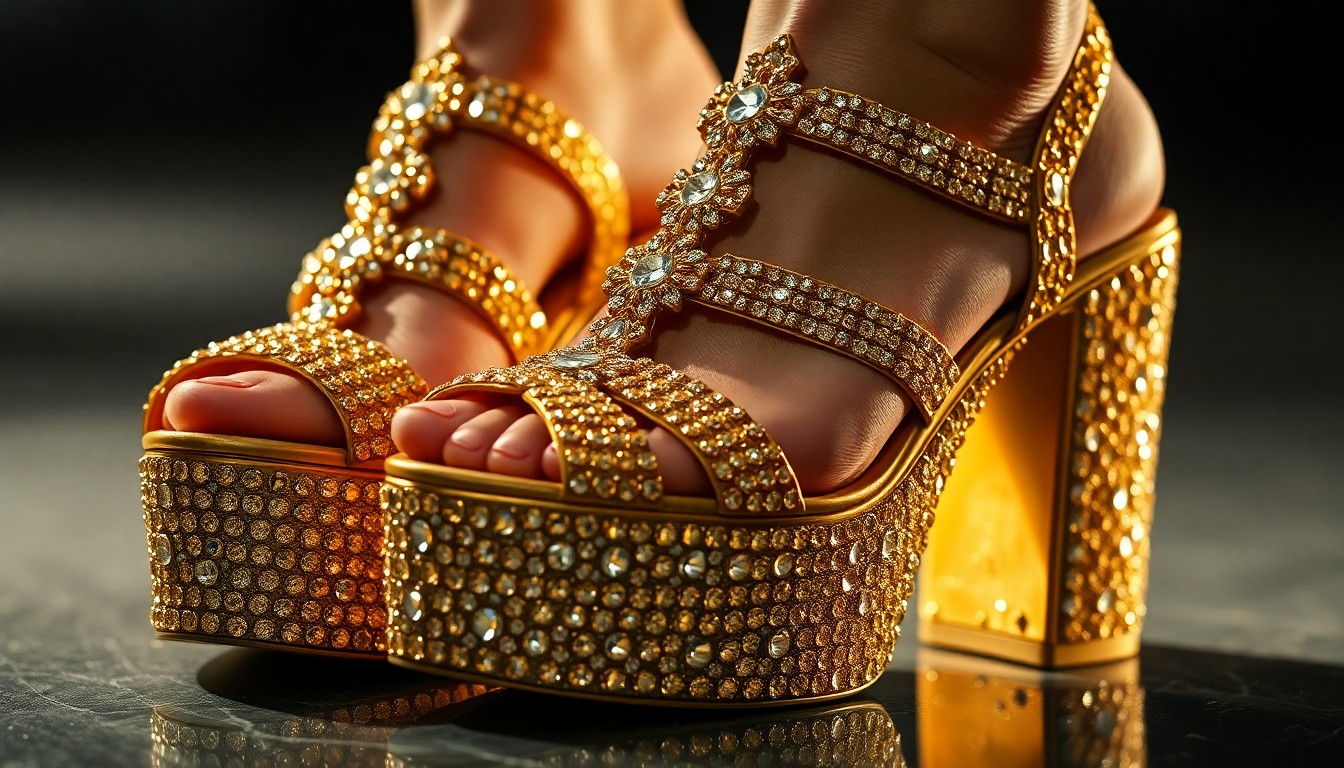 An extreme close-up photograph of a pair of gold platform sandals covered in dense crystal pavé, the luxurious texture and dramatic lighting creating a high-fashion, glamorous aesthetic.